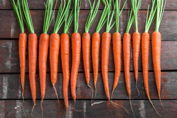 Carrot overhead group lined up on old rustic wooden table in studio