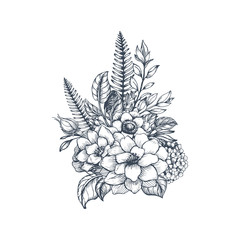 Hand drawn flower bouquet in sketch style. Vector plants - 168665652