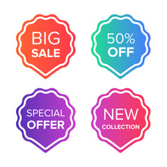 Colorful vector sale tags and badges set. Big sale, special offer, price off, new collection badges. Promotion banner templates