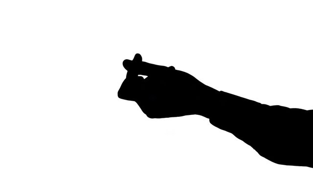 Moving male hand snapping fingers with background sound Moving image of isolated black silhouette of a male hand snapping fingers against white background with background snapping sound