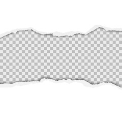 Vector snatched middle of white paper with torn edges and transparent space for text, ad and other aims. Template paper design.