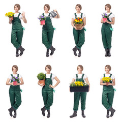 Obraz premium smiling woman professional gardener. gardening service and business concept. collage