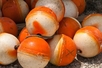 Styrofoam buoys / being spray painted with orange glow paint so they are visible at sea and the crab or lobster traps on the line can be found and retrieved © reve15
