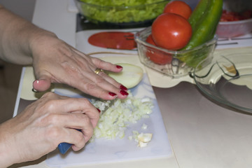 Typical Brazilian cuisine - Woman cuts onions at the table