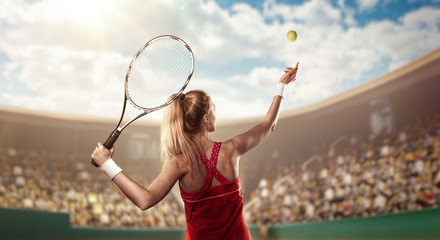 Fototapeta na wymiar tennis player serving on court