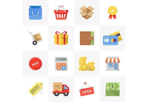 16 Bright Square Shopping and Commerce Icons 1