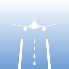 Airplane or aircraft takes off from a runway. Plane is landing away from airport. Vector illustration. 
