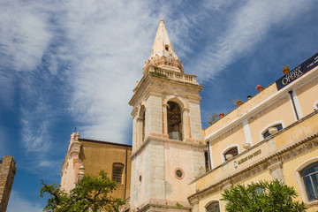 Fototapeta na wymiar Taormina main square Piazza 9 Aprile, with San Giuseppe church and Corso Umberto street, Taormina, Sicily, Italy
