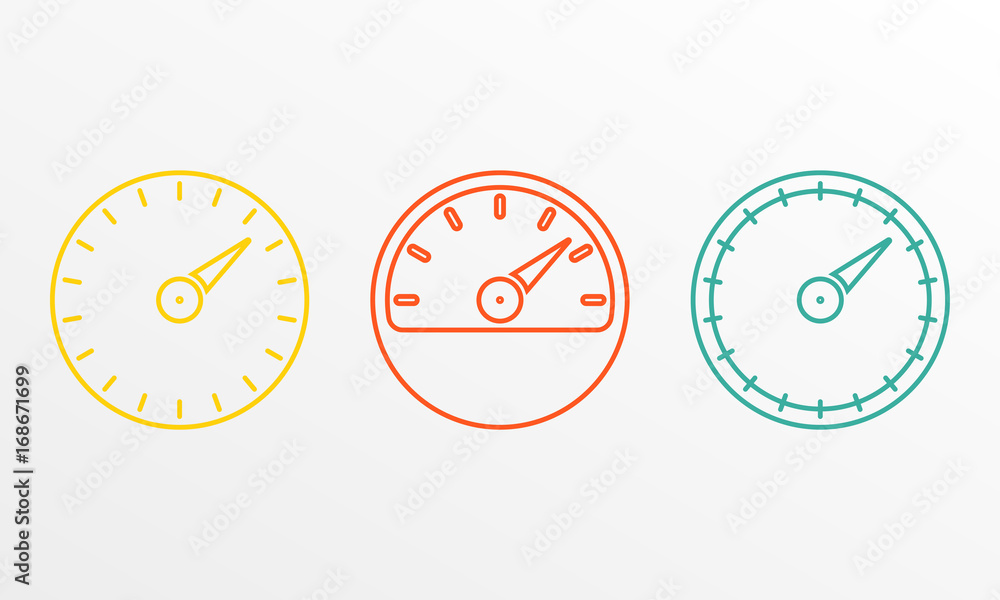 Poster speedometer and meter icon set in line style. dashboard outline signs. vector illustration.