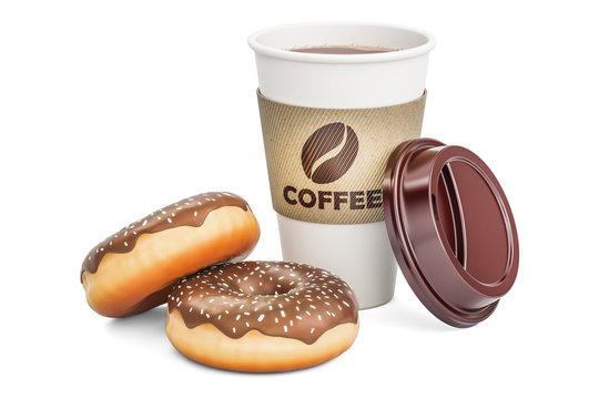 Disposable cup of coffee with chocolate donuts, 3D rendering