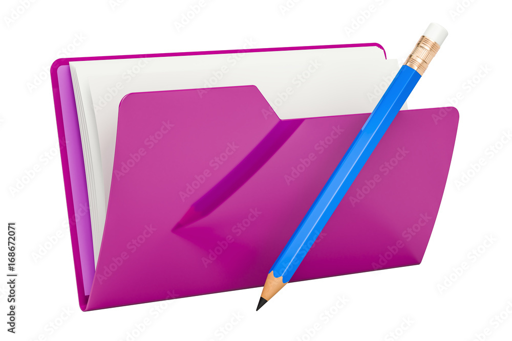 Poster purple computer folder icon with pencil, 3d rendering