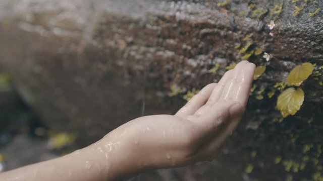 woman hand receive the water from the rock