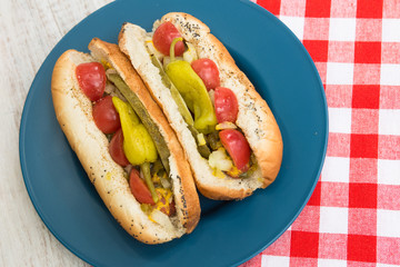 Chciago Style Hot Dogs On Blue Plate