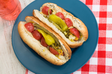 Chciago Style Hot Dogs On Blue Plate With Soda