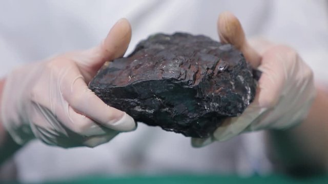 Female hands in white gloves holding stone mineral. Stone macro, gray rough stone. Fluorite mineral stone, fluorite mineral stone. Scientist studying the stone material close up