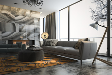 3d rendering living room with sofa near winter scene outside window
