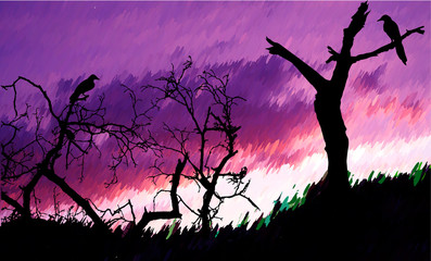 Nostalgic autumn landscape with bare trees and birds. Dramatic sky with purple and pink clouds with silhouettes of trees