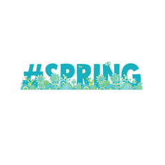 #spring colourful vector illustration with the word hash tag spring, flowers, cactus, swirls, and leaves