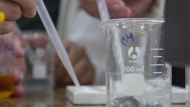 2 Kids Working With A Dropper In Chemistry Lab - Close Up 