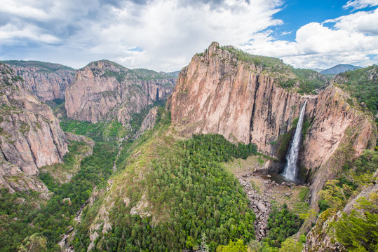 Wideview of waterfall landscape in Chihuahua Mexico