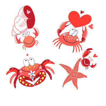 Set of vector in love with red crabs