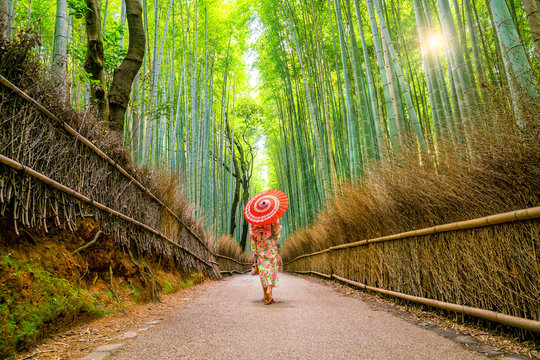 Woman in traditional Yukata with red umbrella at bamboo forest of Arashiyama