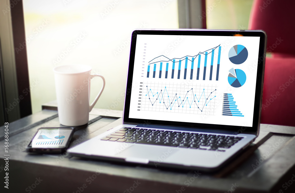 Poster statistics analysis business data diagram growth increase marketing concept , digital tablet and gra