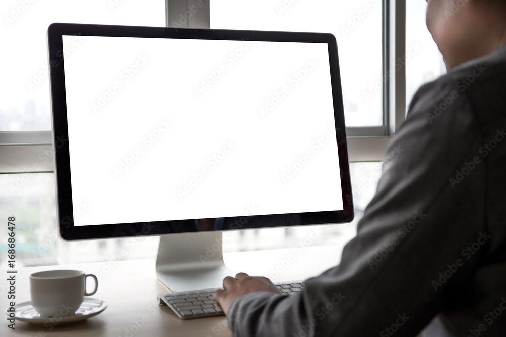 Poster workspace background new project on laptop computer with blank copy space screen for your advertisin