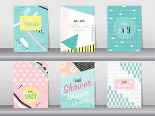 Naklejka premium Set of baby shower card on retro pattern design,vintage,poster,template,greeting,Vector illustrations 