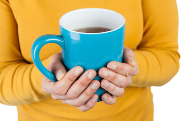 female hands holding a big cup of tea closeup with copy space