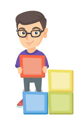 Little caucasian boy playing with clourful cubes and having fun. Smiling boy in glasses playing with toy building cubes. Vector sketch cartoon illustration isolated on white background.