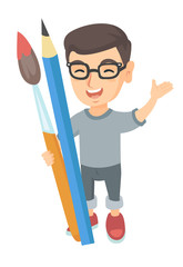 Smiling caucasian boy in glasses holding big pencil and paintbrush. Full length of happy laughing boy with huge pencil and paintbrush. Vector sketch cartoon illustration isolated on white background.