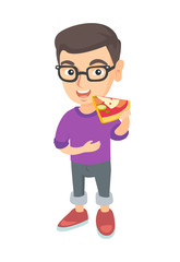 Cheerful caucasian boy in glasses eating tasty pizza. Full length of little boy holding a piece of pizza in hand and stroking his belly. Vector sketch cartoon illustration isolated on white background