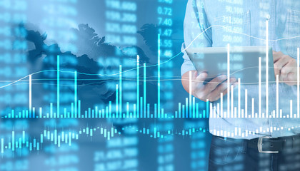 hand with stock financial chart symbols coming from hand