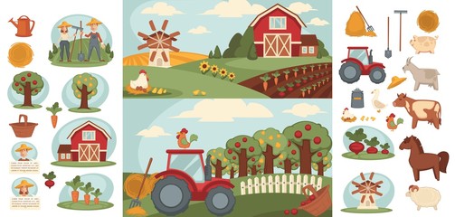 Farm household or farmer agriculture and cattle farming vector flat design