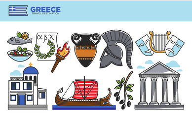 Greece travel destination promotional poster with cultural symbols