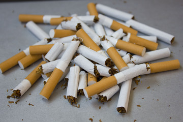 Broken cigarettes closeup. The gray background . Close up.