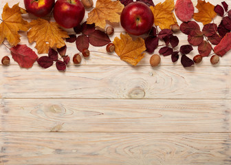 Naklejka na ściany i meble Flat lay frame of autumn crimson leaves, hazelnuts, walnuts and apples on a light wooden background.