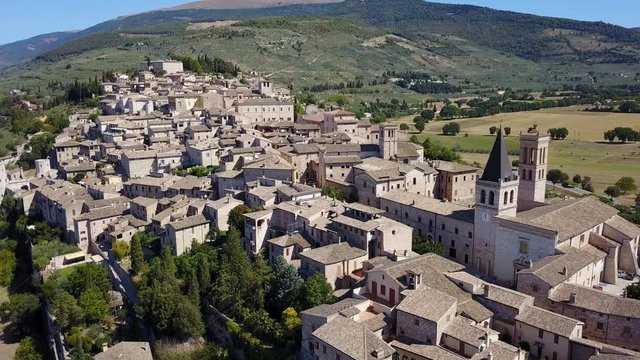 Spello, one of the most beautiful small town in Italy. Drone aerial view of the village