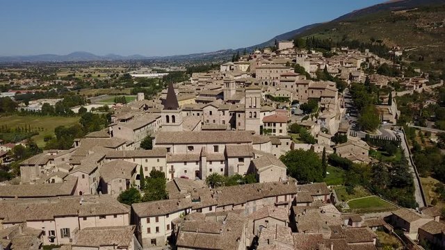 Spello, one of the most beautiful small town in Italy. Drone aerial view of the village