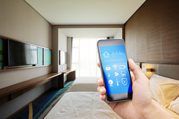 smart phnone in modern bedroom