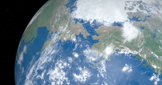 Bering Strait, between america and asia, on the planet earth from outer space