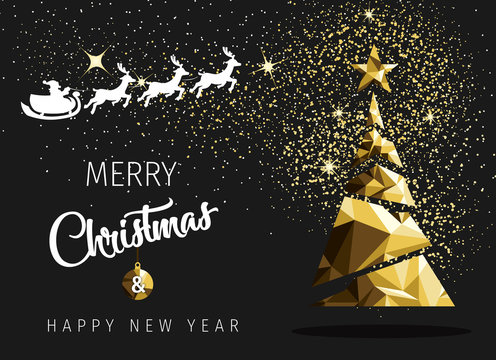 Merry christmas happy new year golden triangle tree low poly. christmas tree, design, vector illustration. Creative Christmas tree. Merry christmas greeting card.