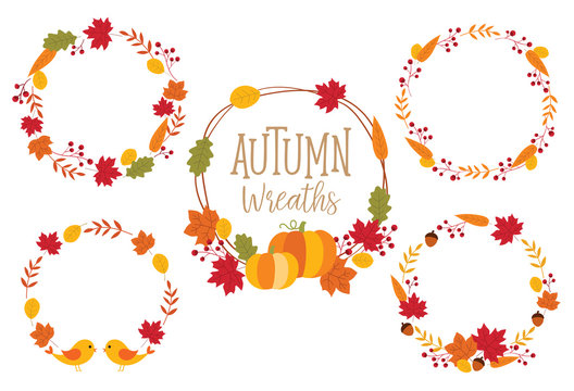 Autumn or Fall Wreath Frame vector illustration with leaves, pumpkins, and birds.