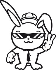 cool jung sonnenbrille mütze handschuhe peace zeichen symbol hand victory krawatte stehend freundlich begrüßen kaninchen hase klein süß niedlich glücklich