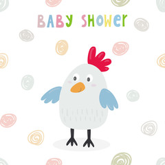 cute chicken cartoon character, vector illustration. Baby Shower card design.