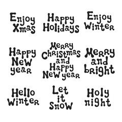 Obraz premium Christmas and New Year calligraphy phrases set. Handwritten brush seasons lettering collection. Xmas phrases. Hand drawn design elements. Happy holidays. Greeting card text. Christmas calligraphy.