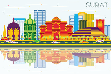 Fototapeta premium Surat Skyline with Color Buildings, Blue Sky and Reflections.