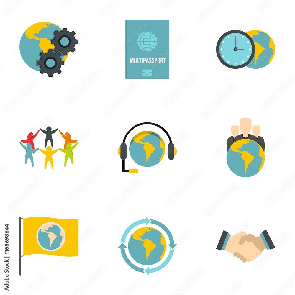 Poster Global comunity icon set, flat style