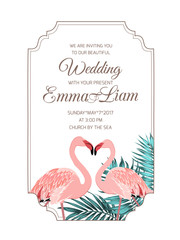 Pink flamingo birds loving couple. Green tropical jungle tree leaves. Vintage border frame template. Wedding marriage event invitation card RSVP. Text placeholder. Vector design illustration.